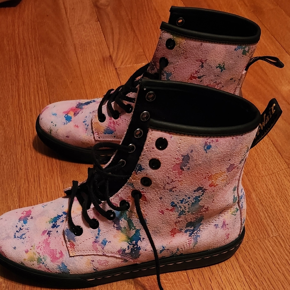 NWOT Doc Martens Pink Suede and Metallic Rainbow Splatter Boots